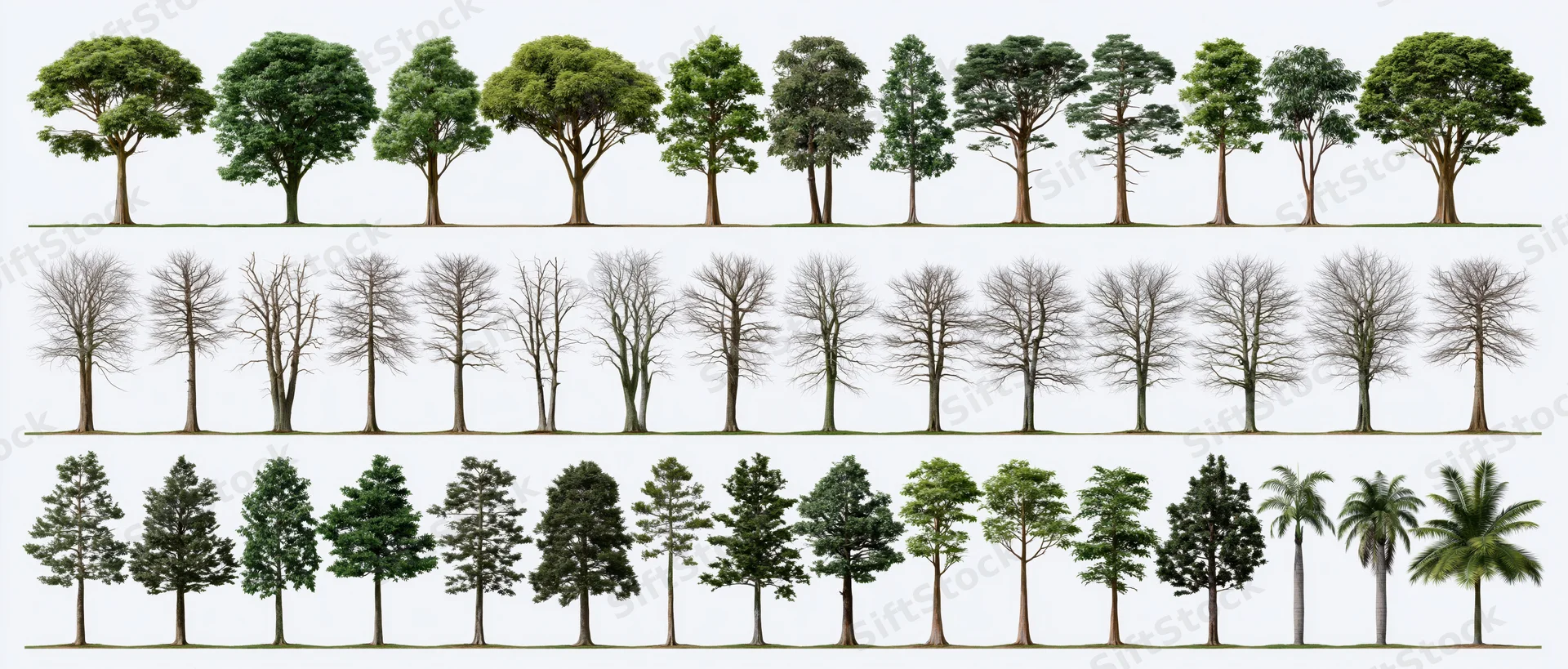 Botanical reference sheet displaying rows of diverse tree species with green and bare foliage against white background