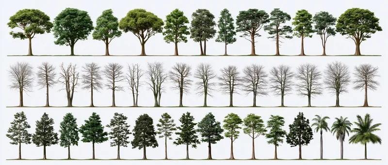Botanical reference sheet displaying rows of diverse tree species with green and bare foliage against white background