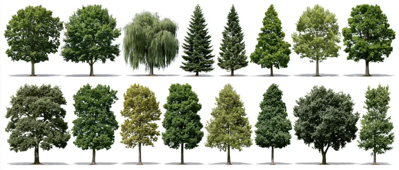Botanical reference sheet displaying various tree species arranged in rows on white background