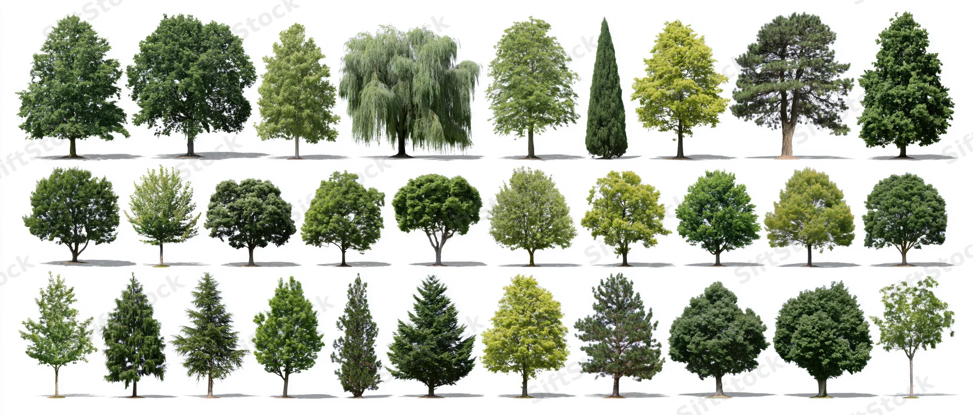 Botanical reference sheet displaying forty different tree species arranged in rows on white background
