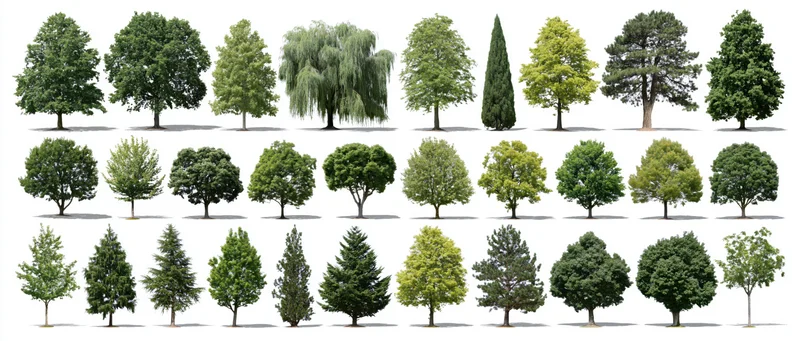 Botanical reference sheet displaying forty different tree species arranged in rows on white background