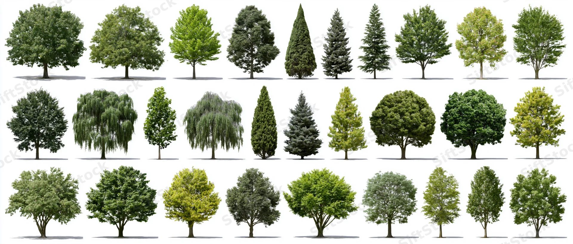 Botanical reference sheet displaying diverse tree species arranged in rows on white background