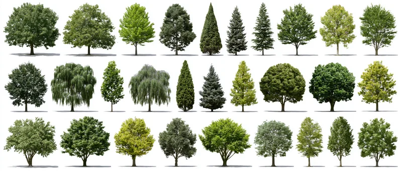 Botanical reference sheet displaying diverse tree species arranged in rows on white background