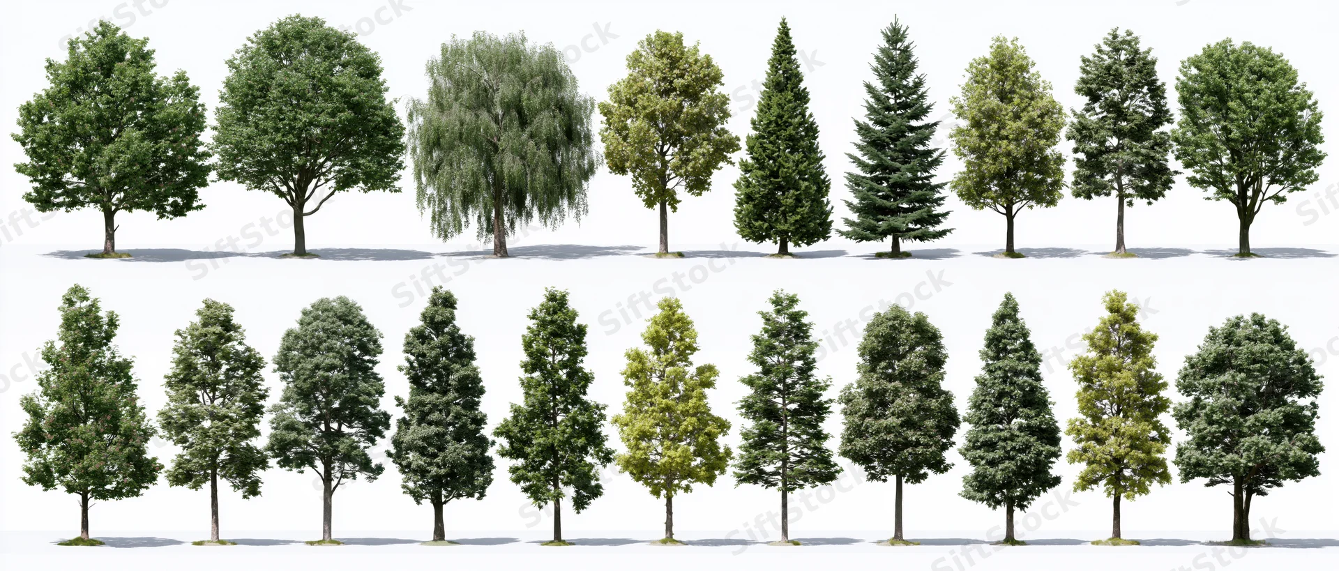 Collection of diverse tree species arranged in rows on white background for botanical reference