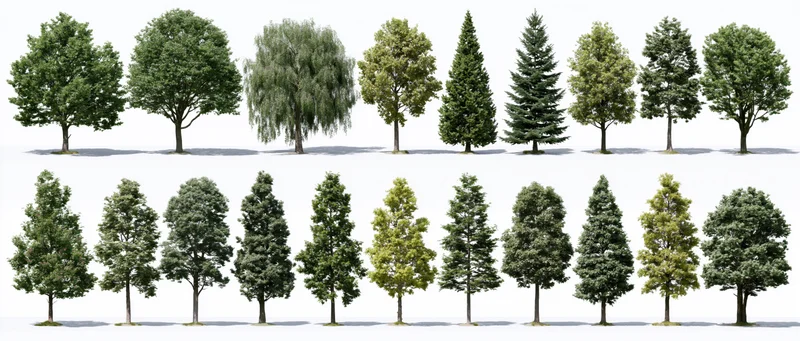 Collection of diverse tree species arranged in rows on white background for botanical reference