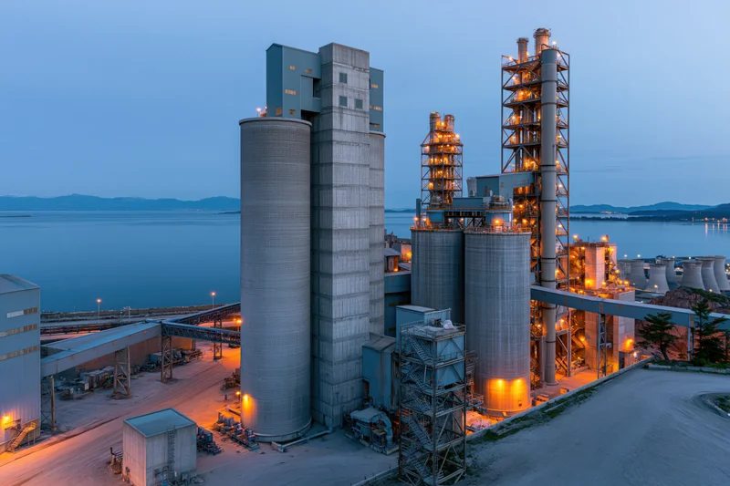 Large cement factory complex with tall concrete silos and illuminated towers at twilight by a bay