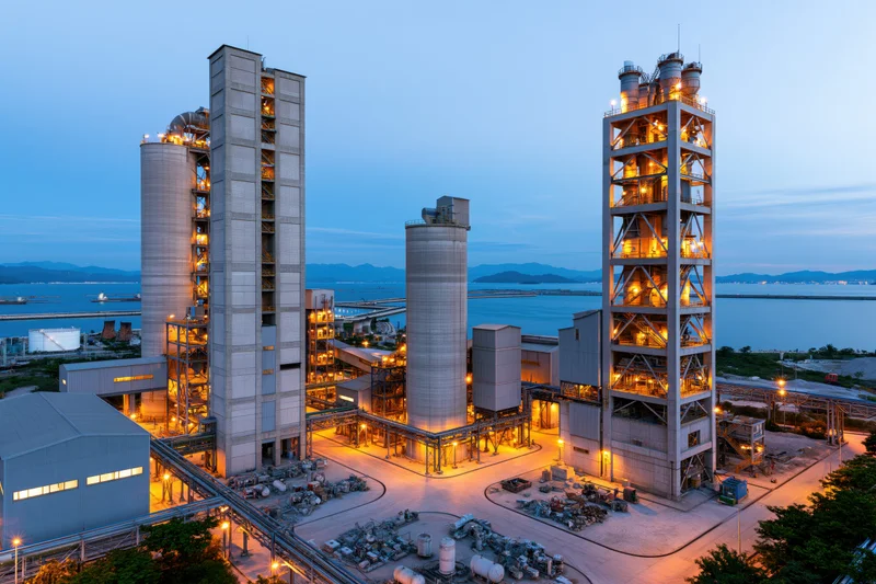Cement factory complex with tall silos and illuminated structures at twilight near coastal harbor