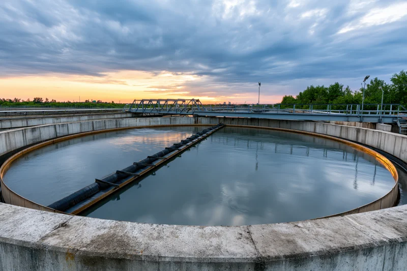 Circular wastewater clarifier tank at municipal treatment facility during sunset