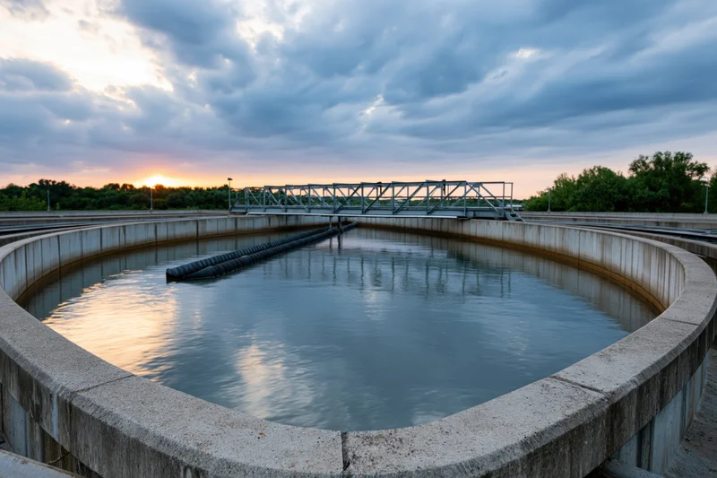Circular clarifier tank at a wastewater treatment plant during sunset