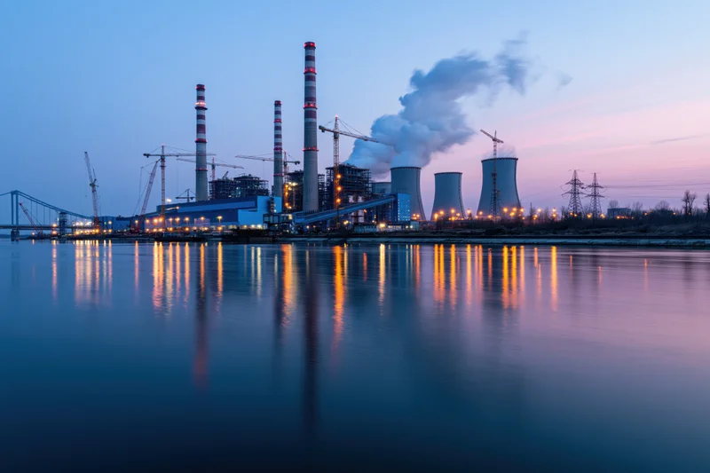 Coal-fired power plant under construction at dusk with smoke rising from chimneys and lights reflecting on the river
