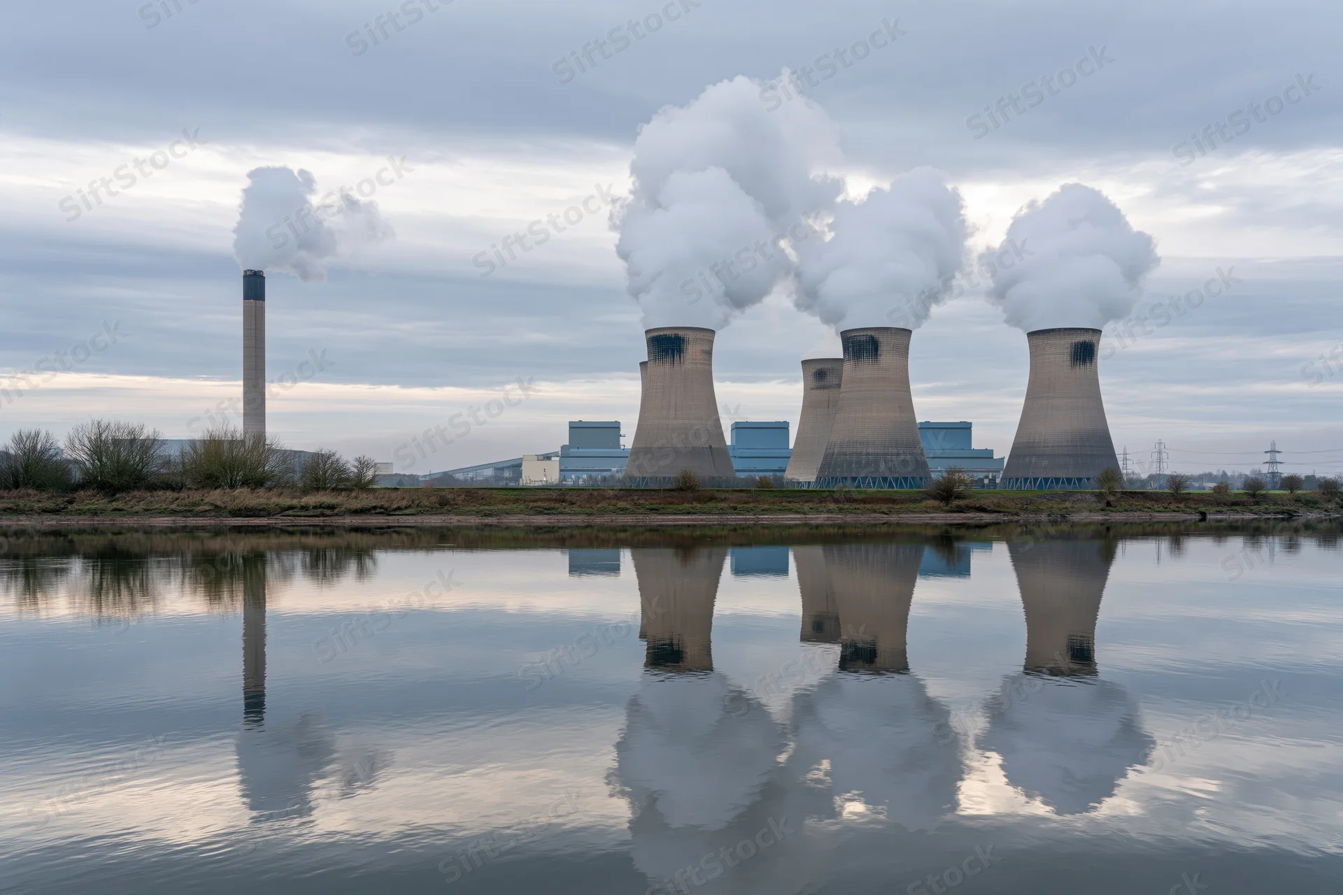 Coal-fired power plant with four hyperbolic cooling towers emitting steam, reflected in calm river water under overcast sky