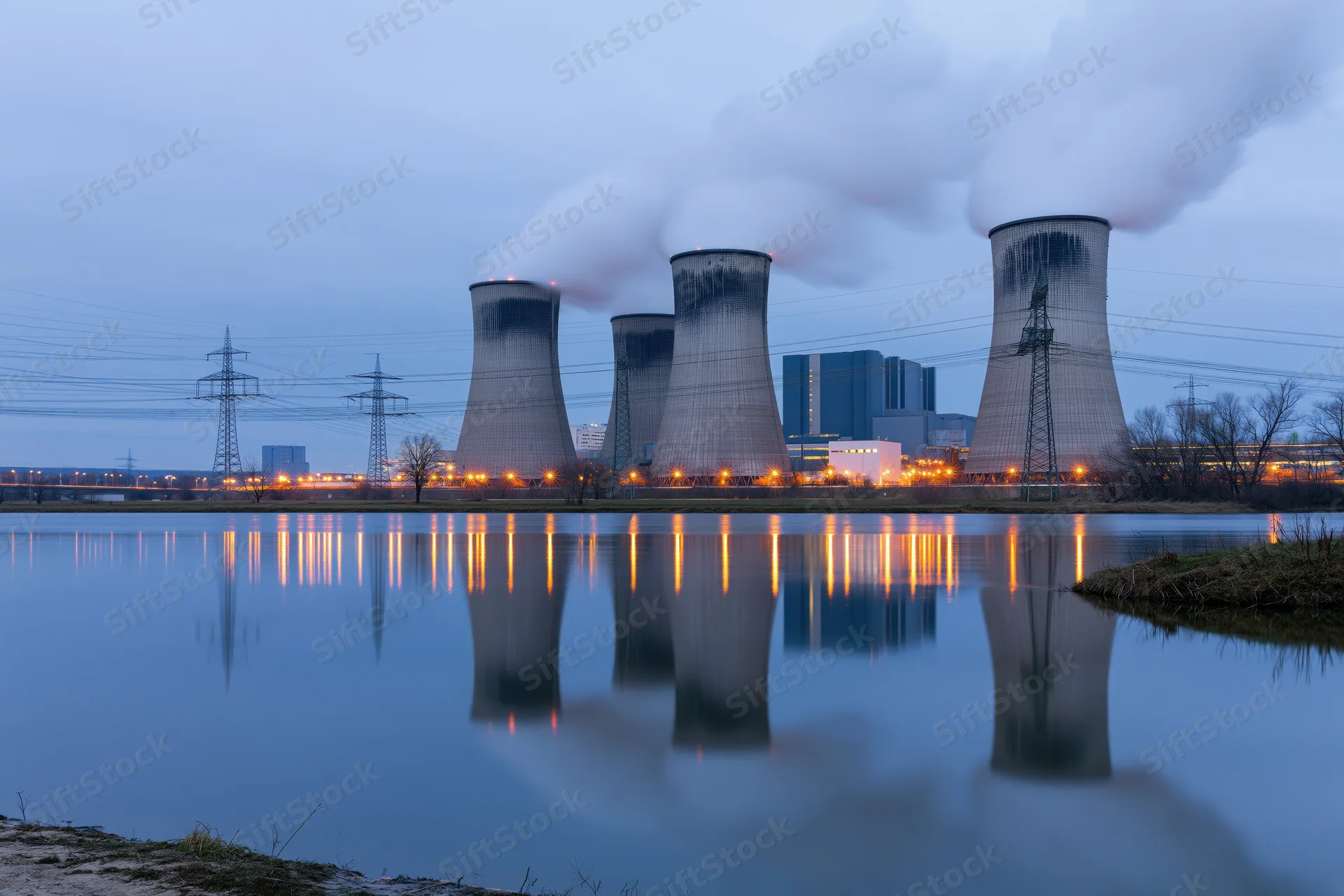 Cooling towers of a coal power plant emitting steam at twilight, reflected in calm water near transmission lines