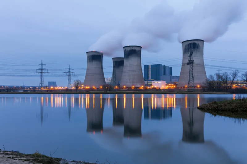 Cooling towers of a coal power plant emitting steam at twilight, reflected in calm water near transmission lines