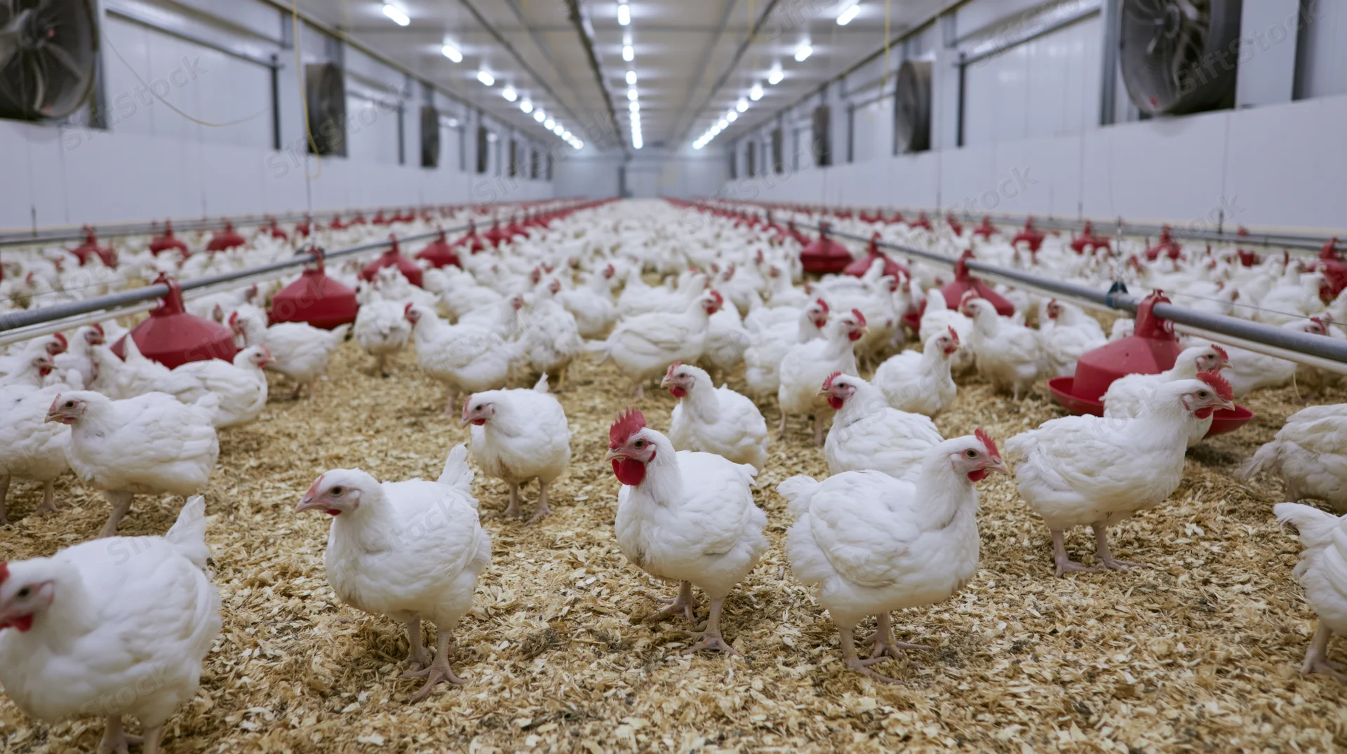 White broiler chickens standing in rows on wood shavings inside a large commercial poultry barn