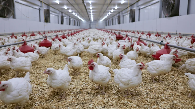 White broiler chickens standing in rows on wood shavings inside a large commercial poultry barn
