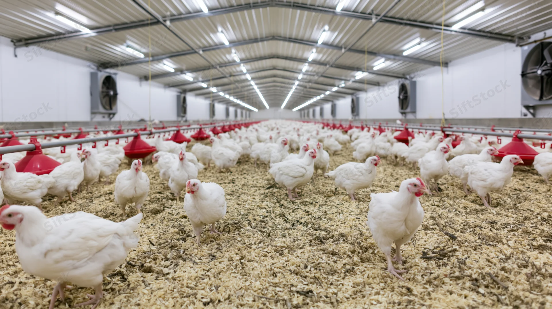 White broiler chickens walking on sawdust bedding inside a large commercial poultry farm with red feeders and overhead lighting