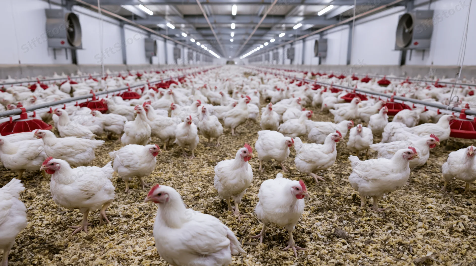 White chickens in a large indoor broiler house with red feeders and ventilation fans along the ceiling