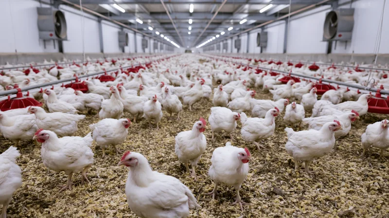 White chickens in a large indoor broiler house with red feeders and ventilation fans along the ceiling