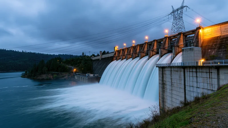 Large concrete hydroelectric dam releasing water into river at twilight