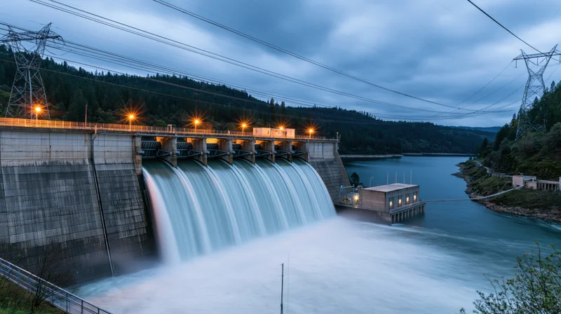 Large concrete hydroelectric dam releasing water into river at twilight