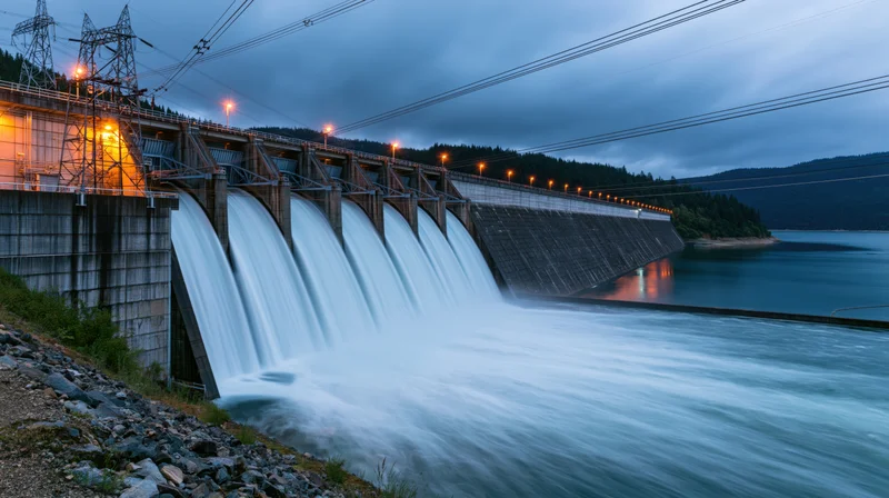 Large concrete hydroelectric dam releasing water into river at twilight
