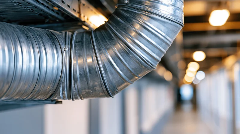 Large corrugated steel hvac ductwork with 90-degree elbow mounted on ceiling in commercial hallway