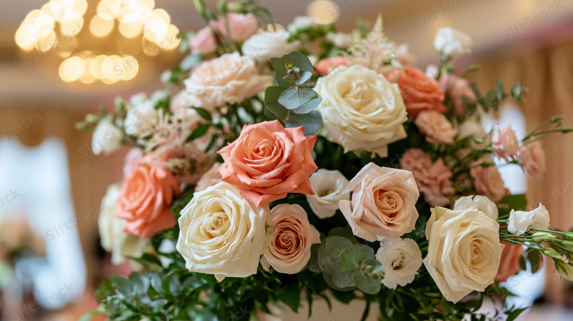 Floral arrangement of coral blush and white roses with green foliage as centerpiece in indoor event space