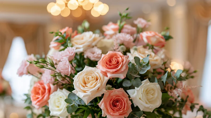Large floral arrangement of coral blush and white roses with greenery on a table at a wedding reception