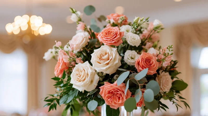 Floral arrangement of coral blush and white roses with greenery in a vase on a table in a softly lit room