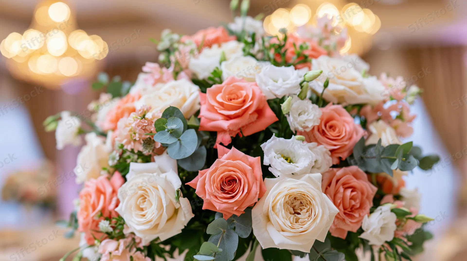 Coral and white roses arranged in a floral bouquet for a wedding centerpiece