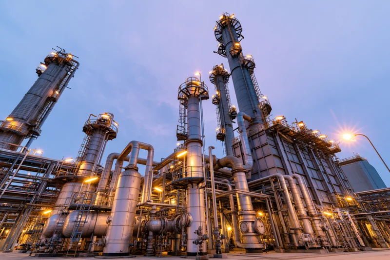 Large oil refinery complex with tall towers and interconnected pipelines at twilight