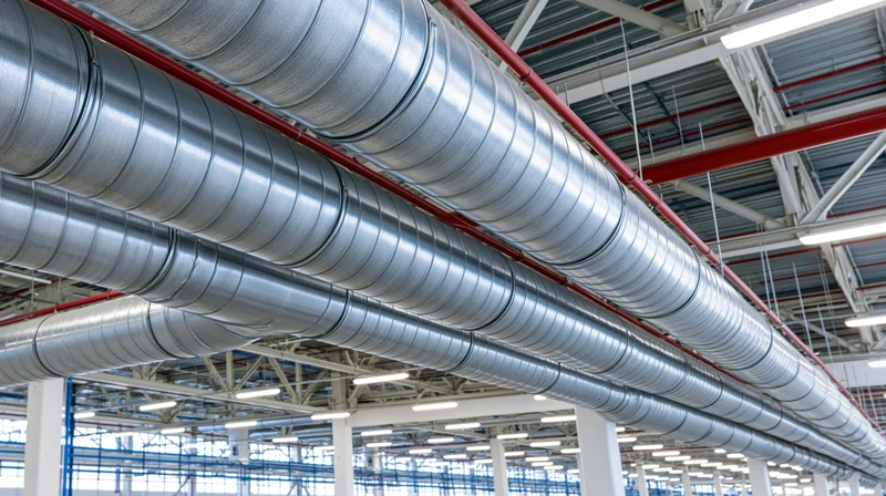 Large hvac ductwork system running across industrial factory ceiling