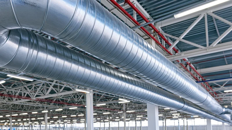 Large metal hvac ducts running across the ceiling of an industrial factory interior