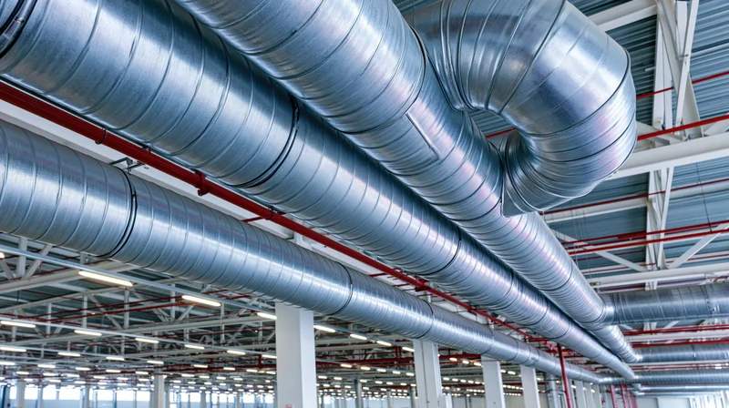 Large metal hvac ductwork system running overhead in industrial factory interior