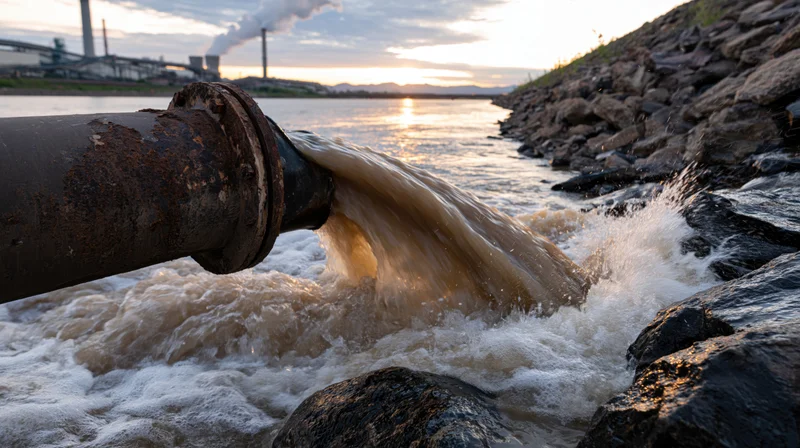 Large industrial pipe discharging brown wastewater into a river at sunset near a factory