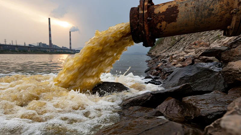 Industrial pipe discharging yellowish-brown wastewater into a river near a factory at sunset