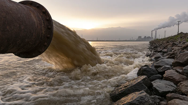 Large industrial pipe discharging yellowish-brown wastewater into a river at sunset near a factory shoreline