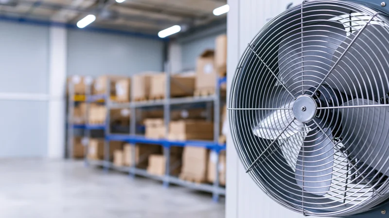 Large industrial ventilation fan mounted on wall in warehouse with storage racks and boxes in background