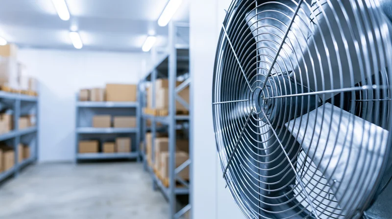 Large industrial ventilation fan mounted on wall in warehouse storage area