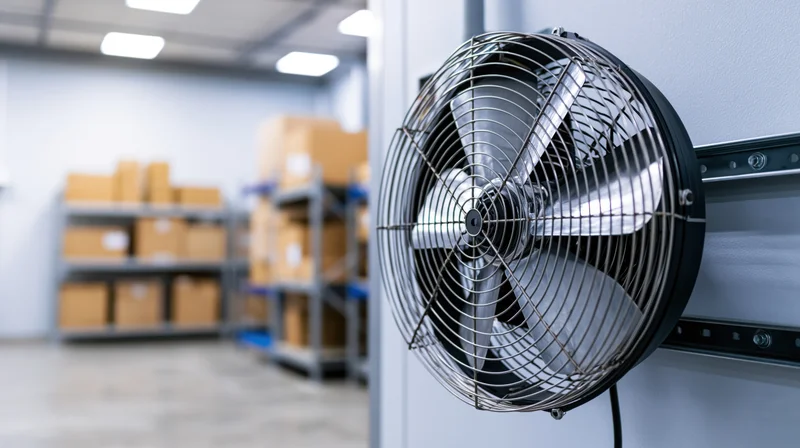 Industrial ventilation fan mounted on wall in warehouse storage area