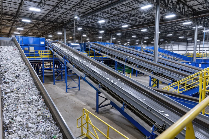 Conveyor belts transporting mixed waste through an industrial recycling facility interior