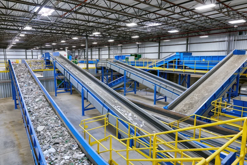 Conveyor belts transporting mixed waste through an industrial recycling facility interior