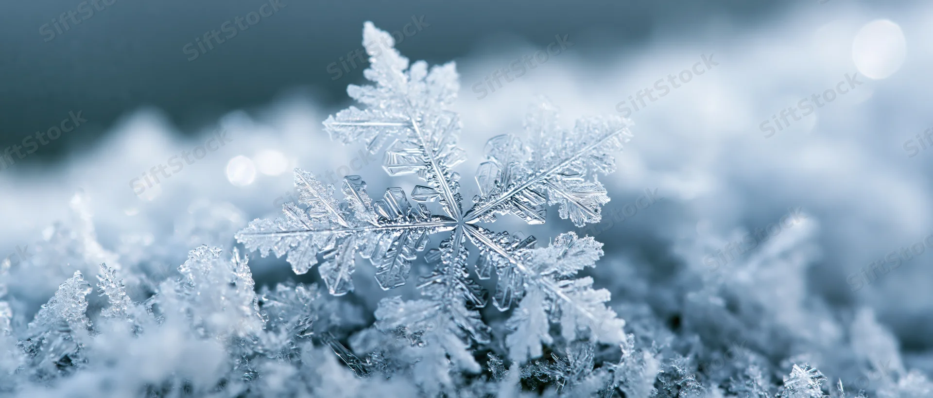 Closeup of a single snowflake crystal resting on a snowy surface with blurred background