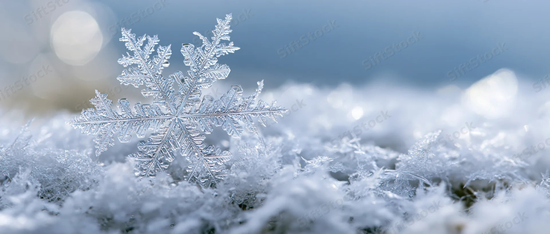 A large macro snowflake crystal resting on a snowy surface with frost and bokeh background