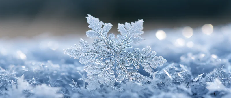 Closeup of a single snowflake crystal resting on a snowy surface with bokeh lights in the background