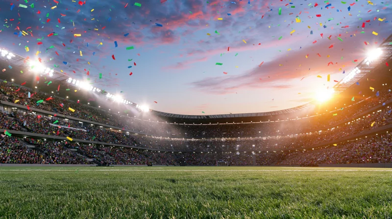 Football stadium at dusk filled with cheering crowd and falling confetti over the field