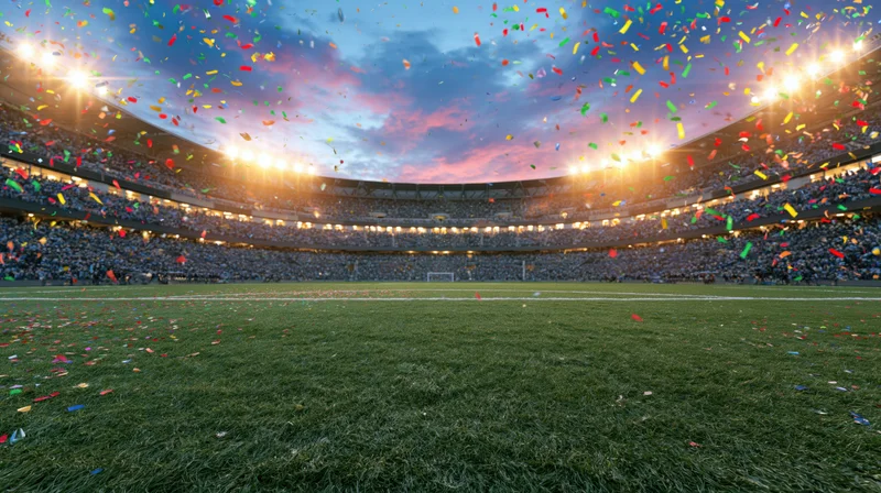 Football stadium filled with cheering crowd and falling confetti at dusk