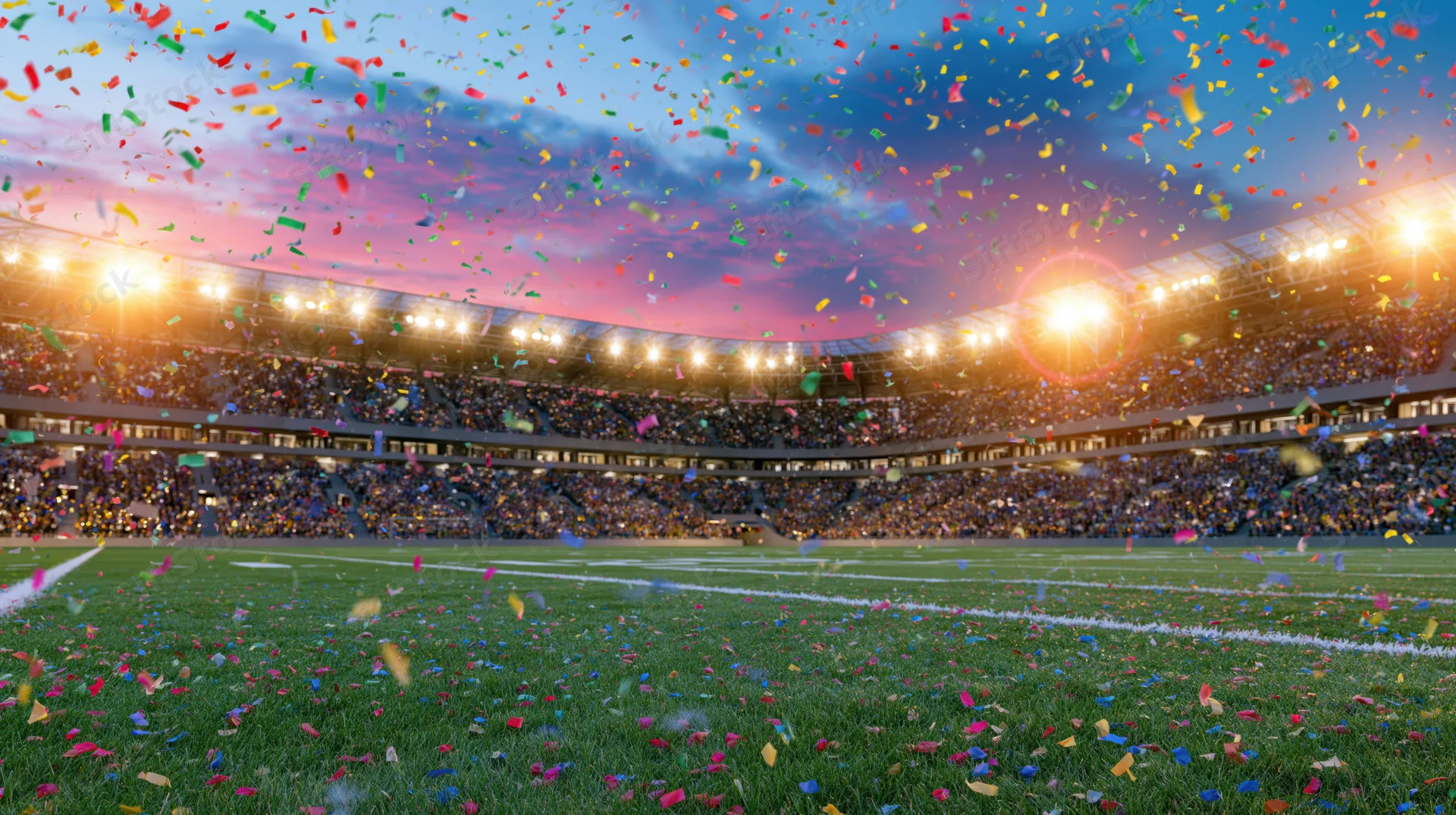 Confetti falling over a packed football stadium at dusk during a celebration