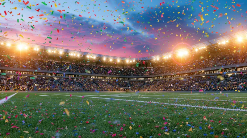 Confetti falling over a packed football stadium at dusk during a celebration