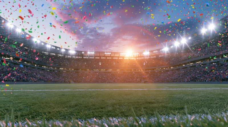 Football stadium filled with cheering crowd at dusk under falling confetti